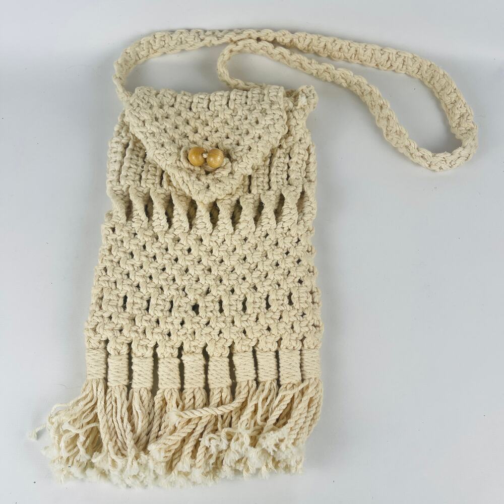 Macramé Cotton Tassel Shoulder Bag Purse Boho; 13” long (bag 9”) x 7” wide.